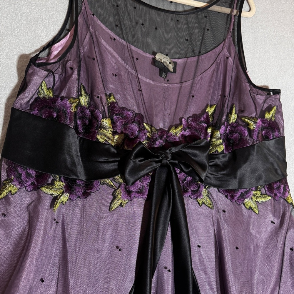Vintage 90s Y2K Grunge Fairy Goth Adrianna Papell 20W Purple Mesh Floral Dress - Picture 4 of 8